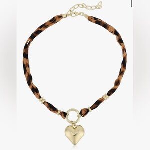 Leopard Scarf Heart Charm Necklace; Gold Chunky Heart Leopard Necklace